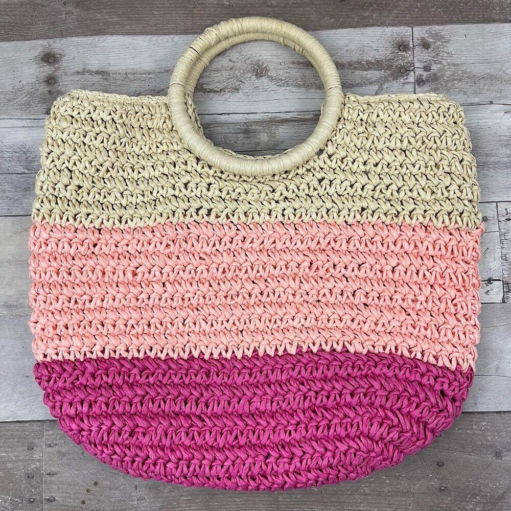 Talbots Woven Straw Tote Bag Handbag Tan Pink Cranberry Resort Beach Vacation